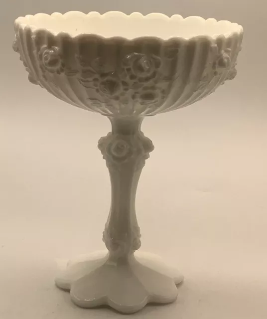 Vintage Fenton Milk Glass Rose Pattern Footed Pedestal Compote Bowl 8” H X 6” D