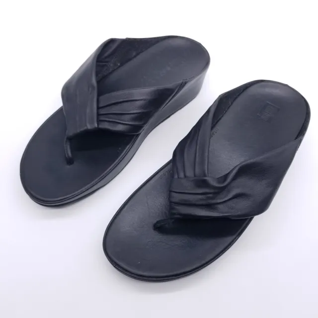 FitFlop Sandals Women's 9 Black Flip-Flops Thongs Wedge Leather