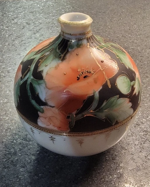 MORIMURA BROS. Nippon Hand Painted Gilt Poppy Floral Beaded Porcelain Vase 1911
