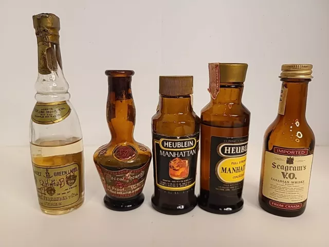 5 Vintage Miniature Liquor Bottles Lot of Seagrams, Heublein ,Z Wack, Ojen