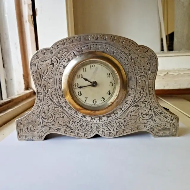 Vintage Antico OROLOGIO LIBERTY da tavolo in Argentato Cesellato a mano Clock
