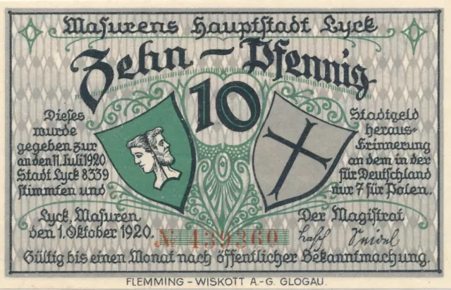 Emergency Notes Masurens Capital Lyck 10 Pfennig 1920