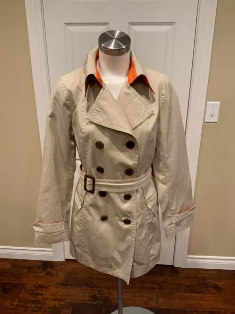 Michael Kors Light Tan Belted Trench Coat Jacket w/ Orange Contrast, Size Small