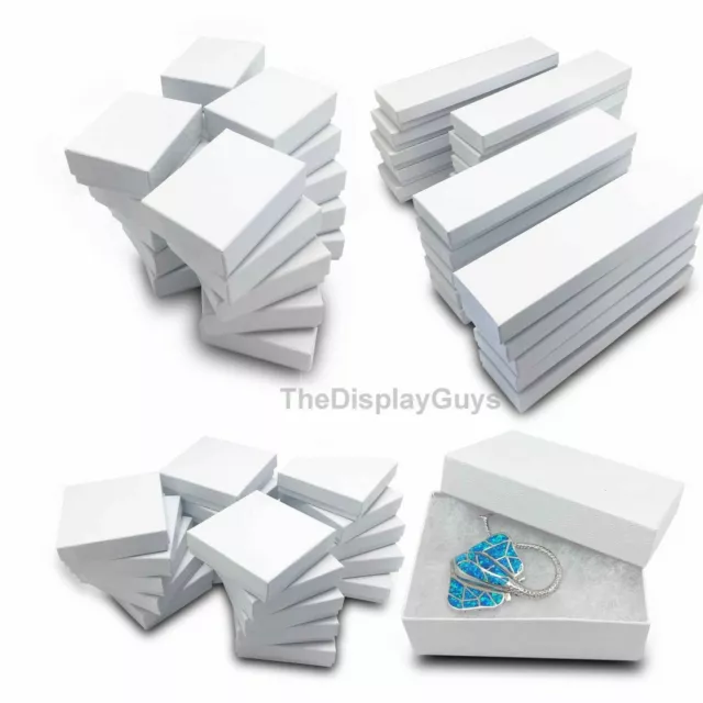 BULK Cardboard Jewelry Gift Boxes w/ Cotton Fill Padding - White Swirl 11 Sizes