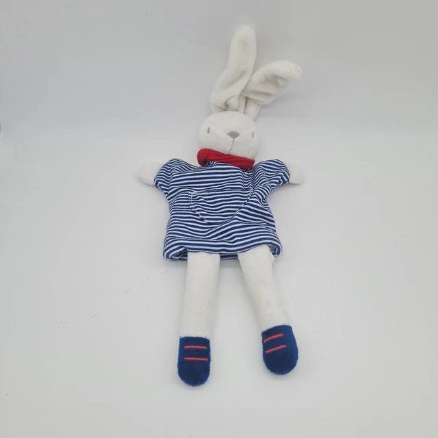 29 - Doudou Plat Lapin Blanc Bleu Marine Sergent Major Rayure Raye Marionnette
