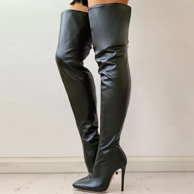 Women Boots Stilettos Pointed Toe Heels Zipper Back Thigh High Over Knee Shoes