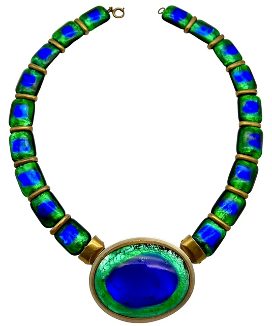 AUSTRIA Antique Foil PEACOCK GLASS Art Deco Necklace Strung On Chain ULTRA RARE!