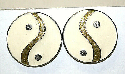 Vintage Kerissa Round Yin Yang Beige Gold Post Earrings Silver Toned Back