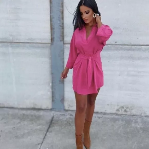 Zara Fuschia Pink Knotted Tie Waist Mini Shirt Dress Size M New Bloggers Fave