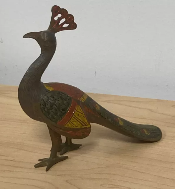 Antique hand painted Peacock Brass Statue Beautiful Victorian Style