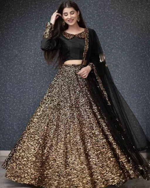 Sequins Work Golden Black Choli Lengha Indian Lehenga Choli Wedding Skirt Sari