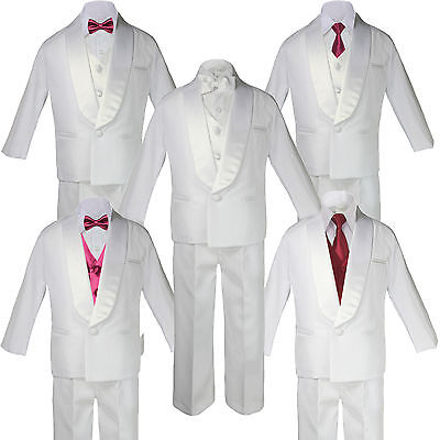 5-7pc Boys White Satin Shawl Lapel Suits Tuxedo BURGUNDY Satin Bow Necktie Vest