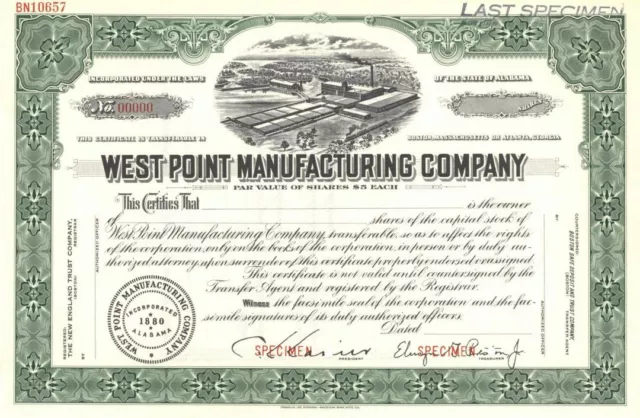 West Point Manufacturing Co. - Textiles Manufacturing Stock Certificate - Specim