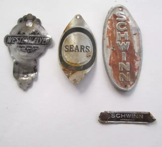 4 Bicycle Head Badge Namplates Schwinn Sears Western Flyer  Metal Vintage