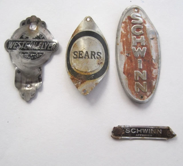 4 Bicycle Head Badge Namplates Schwinn Sears Western Flyer Metal Vintage 4 Bicycle Head Badge Namplates Schwinn Sears Western Flyer Metal Vintage