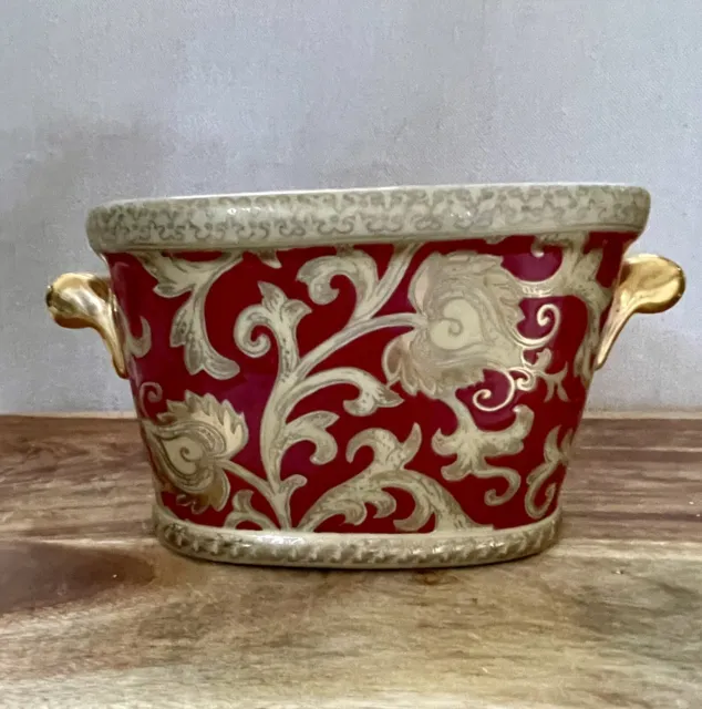 Beautiful Rare Vintage Amita Porcelain Red & Gold Botanical Motif Planter