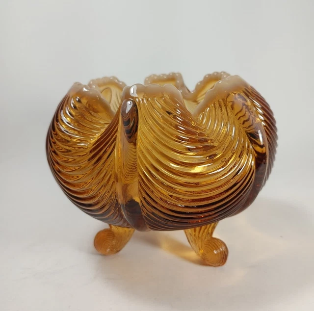 Vintage Fenton Glass Amber Cameo Opalescent 3 Footed Drapery Curtain Rose Bowl