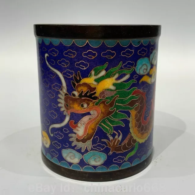 4.4" Qianlong Marked Old China Bronze Cloisonne Dragon Brush Pot Pencil Vase