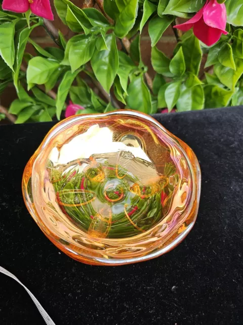 Art Deco Orange lustre Flower Design Carnival Glass fruit Bowl footed bowl 5"