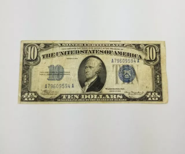 1934 $10 Silver Certificate United States Note A79609594A Blue Seal