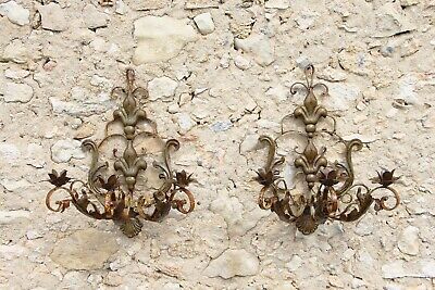 Pair of Antique French Chateau Fleur de Lis Wrought Iron Three-Arm Wall Sconces