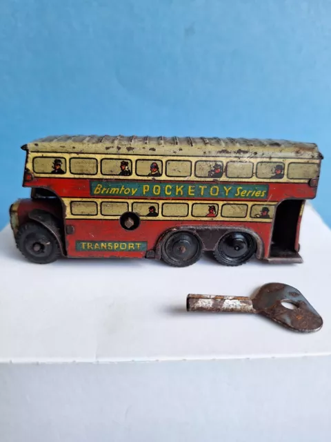 Vintage Brimtoy Pocketoy Series Clockwork Double Decker Bus (1950s)