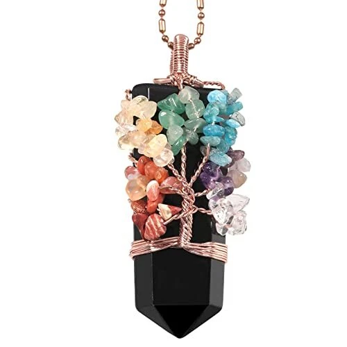 Handmade 7 Chakra Crystal Tree of Life Pendant Necklace Obsidian Stone Black