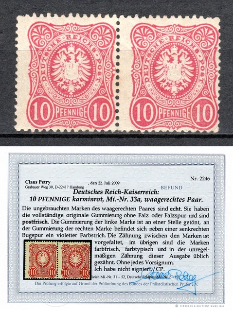 Deutsches Reich Mi.33a waagerechtes Paar postfrisch geprüft Befund Petry BPP
