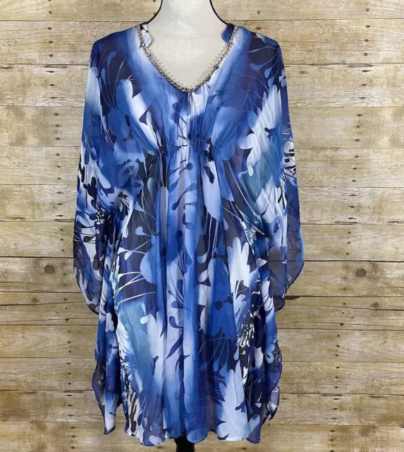 Jennifer Lopez Caftan Dress Womens XS Blue Floral Kaftan Kimono Embellished NWT