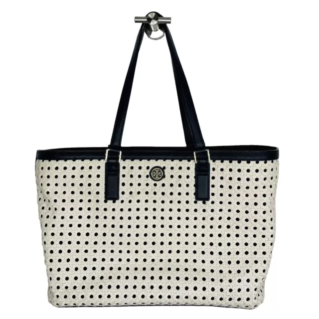 TORY BURCH Robinson Basket Weave Tote Bag White Navy Summer Designer Preppy