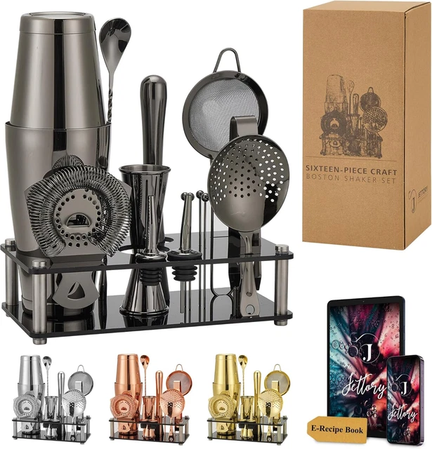 Kit Barman Professionale 16 Pezzi In Acciaio Inox Con Shaker Boston Da 750ml, Completo Di Accessori