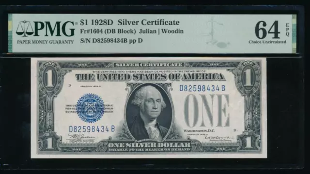 AC 1928D $1 Silver Certificate PMG 64 EPQ D-B block Fr 1604