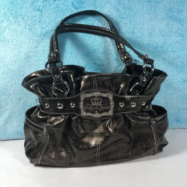 Kathy Van Zeeland Brown Vinyl Faux Leather Crocodile Designer Handbag Purse EUC