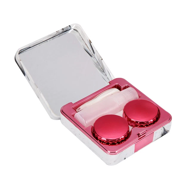 Estuche portátil para lentes de contacto rosa con espejo de superficie de mármol