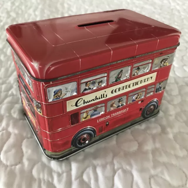 Churchill's Confectionery London Transport Double Decker Red Bus Tin Coin Bank