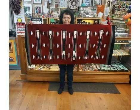 Bessie Yazzie, Yei Rug, Red, Navajo Handwoven, 56 in x 26 in