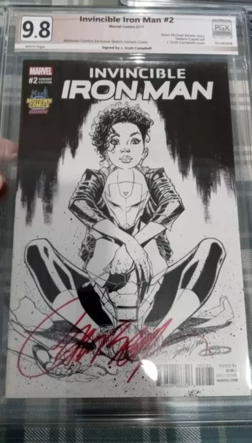 9.8 SIGNED Invincible Iron Man J Scott Campbell Midtown Riri B&W Variant PGX 9.8