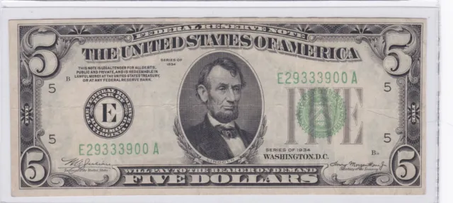 $5 1934 Federal Reserve Note Richmond (5-E) Dark Green Seal Mule E29333900A