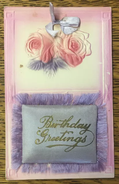 Antique Birthday Greetings Embossed Flower Postcard, Pink, Purple Mini Pillow