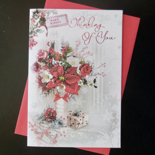 Thinking Of You Christmas Card Xmas Female Winter Flowers Floral Traditional