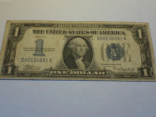 Vintage One Dollar 1934 Silver Certificate $1 Bill Julian Morgenthau Funnyback ~