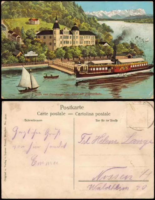 Ansichtskarte Starnberg Leoni Drahtseilbazhn Dampfer Starnberger See 1913