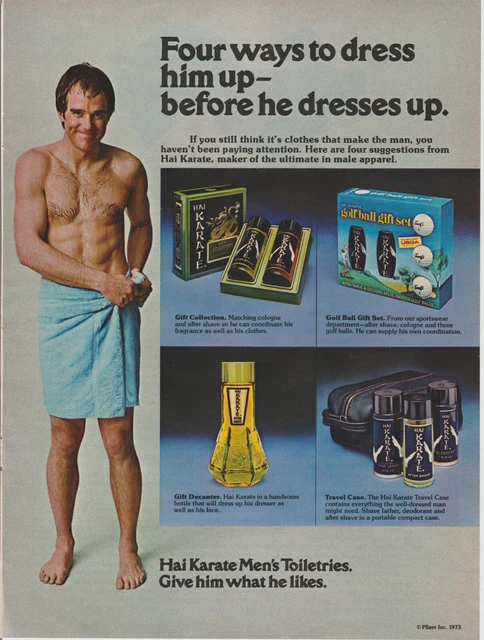 1973 Hai Karate Cologne - Guy Wears Only Bath Towel Shower - Vintage Print Ad