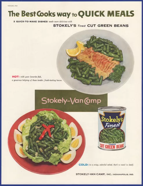 Vintage 1954 STOKELY'S Finest Cut Green Beans Canned Food Ephemera 50's Print Ad