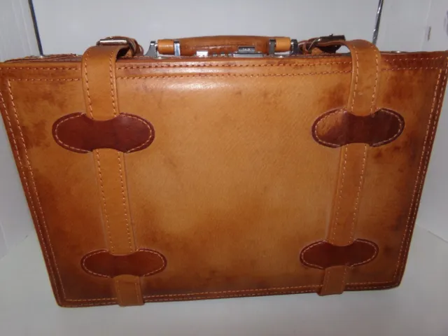 Vintage Tan Genuine Leather Luggage Strapped Travel Small Hard Case