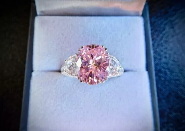 5Ct Oval Pink Sapphire Lab-Created Diamond 3 Stone Engagement Ring S925 Silver