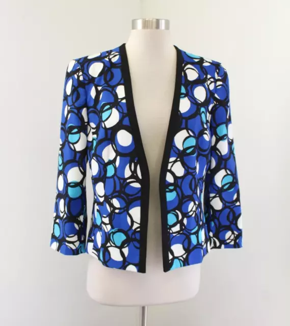 Kasper Blue Black White Abstract Polka Dot Print Open Blazer Jacket Size 8