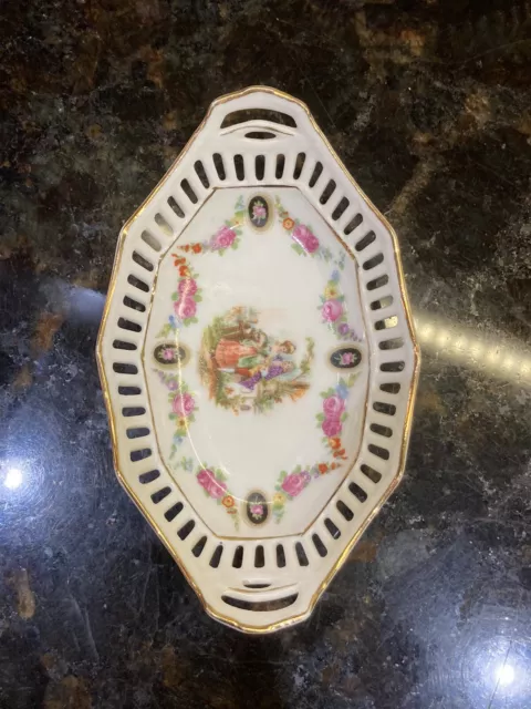 Lovely Small Vintage German Porcelain Oval Gilt Tray With Victorian Scene Nice! 2