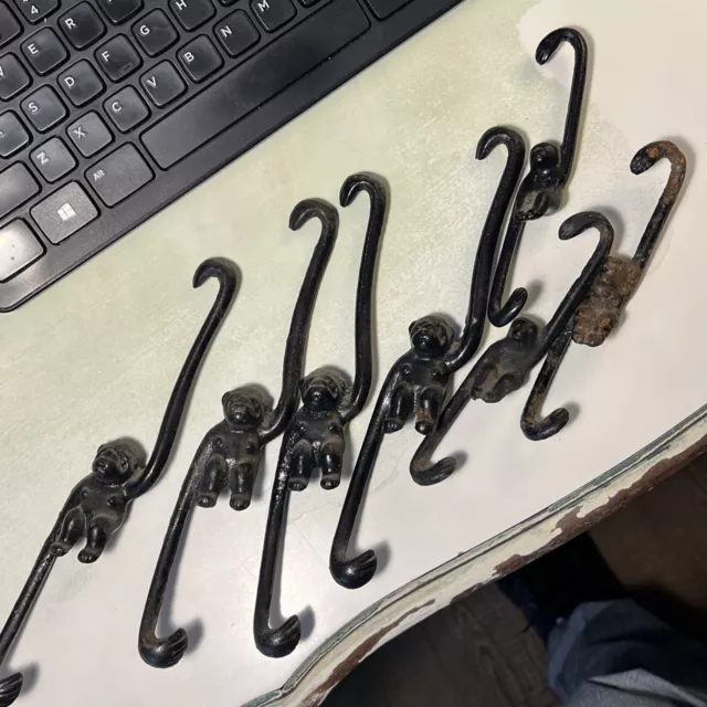 7 Vintage Cast Iron Monkey Hanging Hook Flower Pot Hanger 8" & 5"  #7A