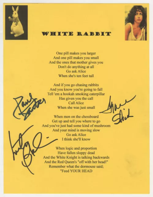 JEFFERSON AIRPLANE Signed Lyrics 'White Rabbit' - Rock Group - preprint